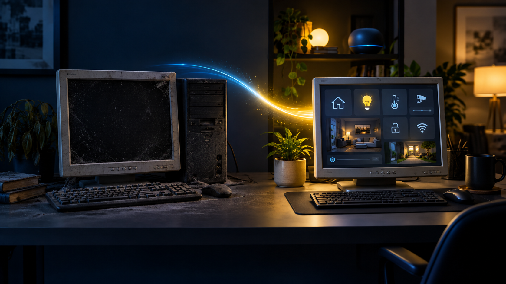 An older computer transformed into a smart-home control station.